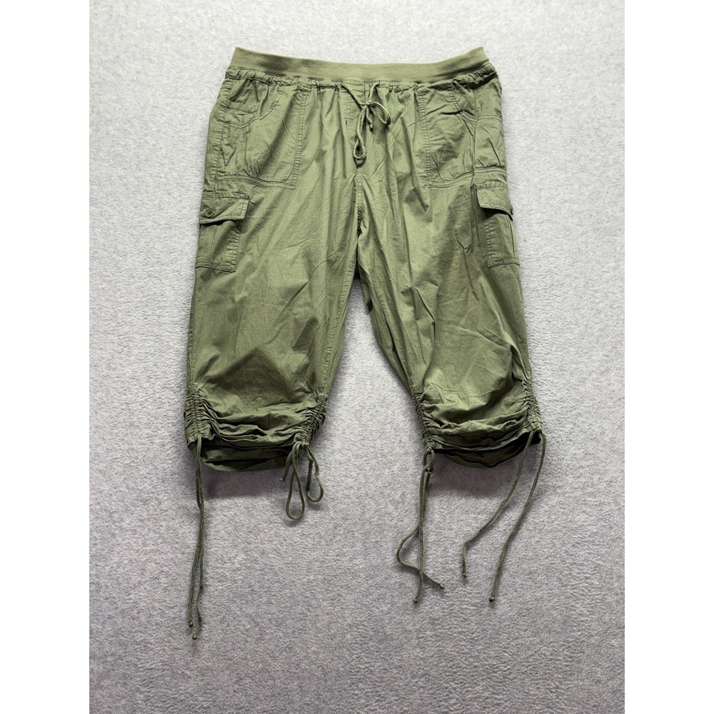 Audrey Lane Womens 2X Cargo Capri Pants Olive Green Elastic Waist Ruched Hem